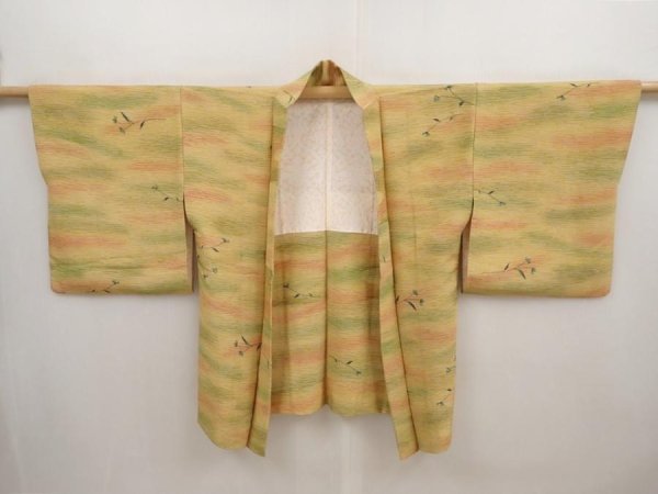 Photo5: 6901T01z620 Vintage Japanese Kimono Silk HAORI Flower Yellow ochre (5)