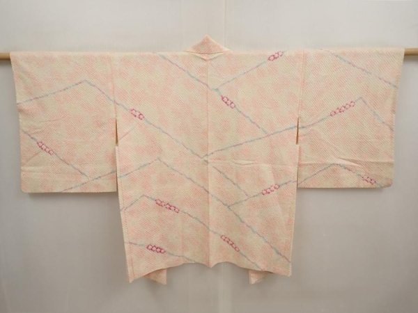 Photo1: 6901T02z420 Vintage Japanese Kimono Silk SHIBORI HAORI  Light peach (1)