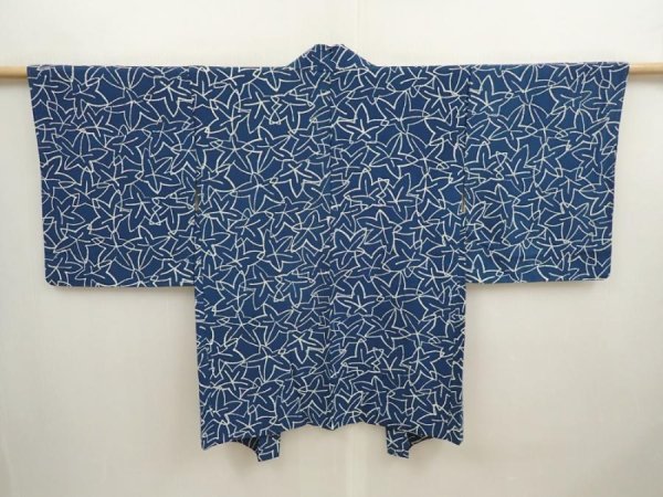 Photo1: 6901T03z560 Vintage Japanese Kimono Silk HAORI Maple Dark cyan blue (1)