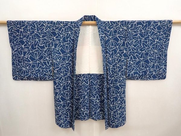 Photo5: 6901T03z560 Vintage Japanese Kimono Silk HAORI Maple Dark cyan blue (5)