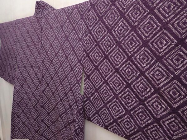 Photo2: 6901T04z450 Vintage Japanese Kimono Silk SHIBORI HAORI  Purple (2)