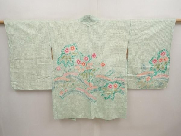 Photo1: 6901T08z520 Vintage Japanese Kimono Silk SHIBORI HAORI Flower Mint green (1)