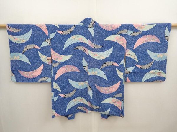 Photo1: 6901T09z550 Vintage Japanese Kimono Silk HAORI Flowers Oriental blue (1)
