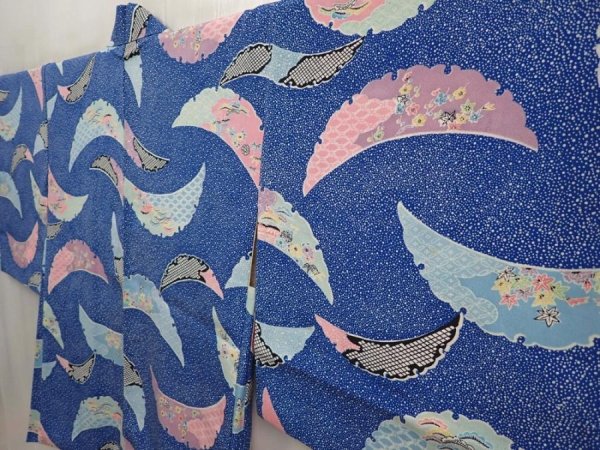 Photo2: 6901T09z550 Vintage Japanese Kimono Silk HAORI Flowers Oriental blue (2)