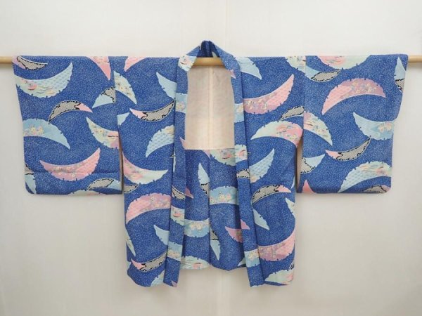 Photo5: 6901T09z550 Vintage Japanese Kimono Silk HAORI Flowers Oriental blue (5)