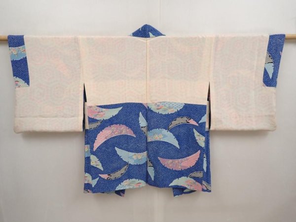 Photo6: 6901T09z550 Vintage Japanese Kimono Silk HAORI Flowers Oriental blue (6)