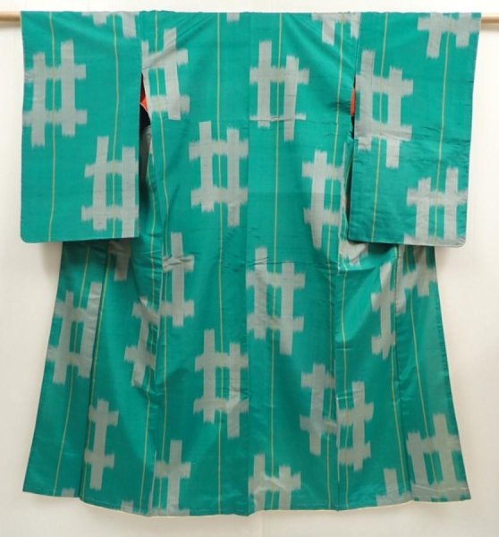 Photo1: 6901T13z570 Vintage Japanese Kimono Silk MEISEN KOMON Kasuri Green-Blue (1)
