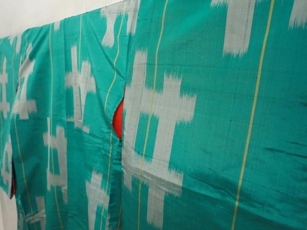 Photo2: 6901T13z570 Vintage Japanese Kimono Silk MEISEN KOMON Kasuri Green-Blue (2)