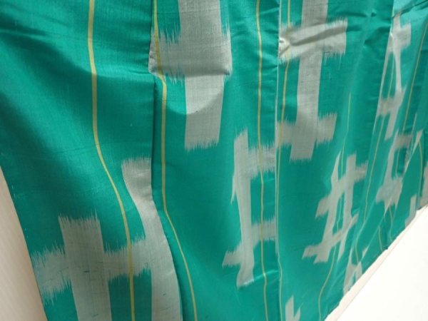 Photo3: 6901T13z570 Vintage Japanese Kimono Silk MEISEN KOMON Kasuri Green-Blue (3)