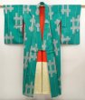 Photo7: 6901T13z570 Vintage Japanese Kimono Silk MEISEN KOMON Kasuri Green-Blue (7)