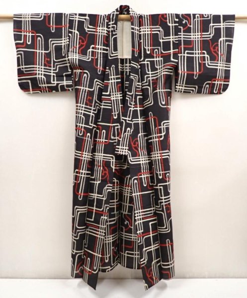 Photo8: 6901T14z340 Vintage Japanese Kimono Silk HITOE MEISEN KOMON  Black (8)