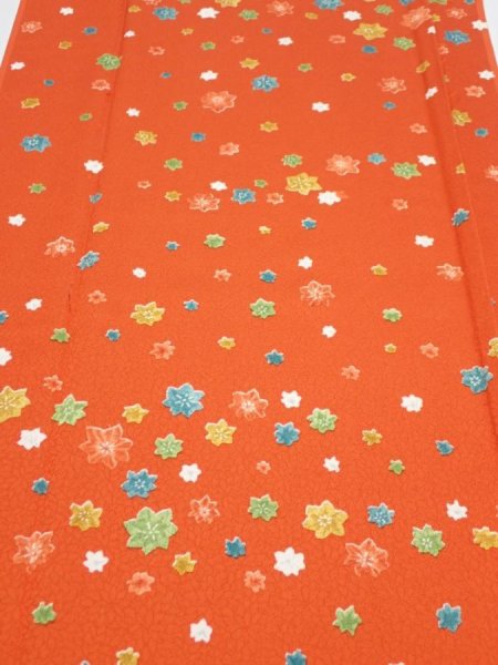 Photo1: 2H05z90  Japanese Kimono Silk  FABRIC Maple Orange-Red 63.8x14.4 (1)