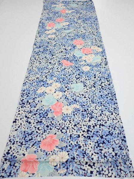Photo5: 2H01z60  Japanese Kimono Silk  FABRIC Flowers Navy 45.3x14.6 (5)