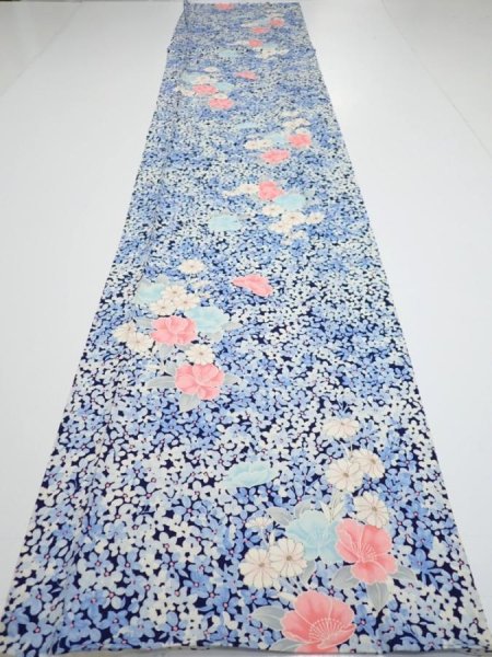 Photo5: 2H04z90  Japanese Kimono Silk  FABRIC Flowers Navy 71.7x14.6 (5)
