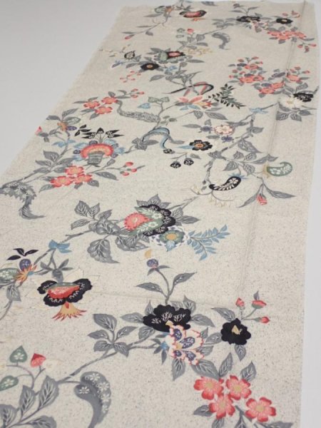 Photo3: 4K04z70  Japanese Kimono Silk  FABRIC Flowers Off-white 51.2x14.4 (3)