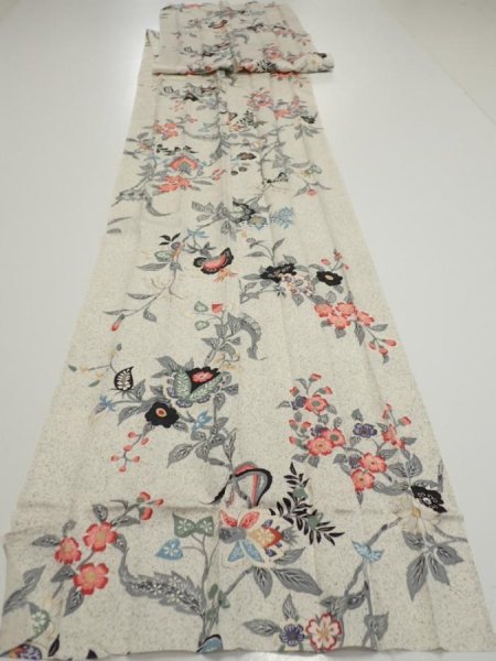 Photo1: 4K06z100  Japanese Kimono Silk  FABRIC Flowers Off-white 82.7x14.4 (1)