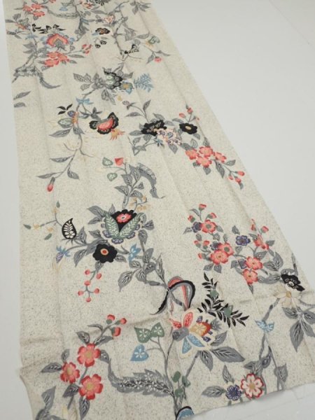 Photo3: 4K06z100  Japanese Kimono Silk  FABRIC Flowers Off-white 82.7x14.4 (3)