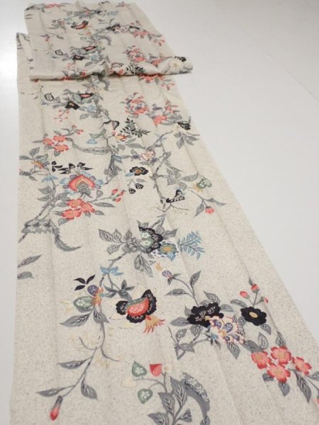 Photo4: 4K06z100  Japanese Kimono Silk  FABRIC Flowers Off-white 82.7x14.4 (4)