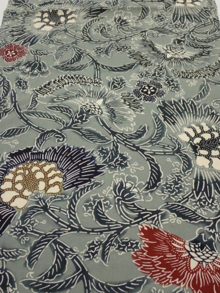 Photo1: 4K02z60  Japanese Kimono Silk  FABRIC Flower Blue-Gray 40.2x13.8 (1)