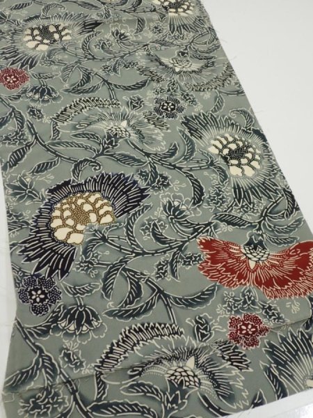 Photo2: 4K02z60  Japanese Kimono Silk  FABRIC Flower Blue-Gray 40.2x13.8 (2)