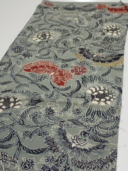 Photo3: 4K02z60  Japanese Kimono Silk  FABRIC Flower Blue-Gray 40.2x13.8 (3)
