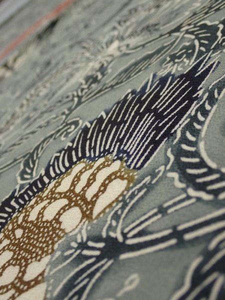 Photo4: 4K02z60  Japanese Kimono Silk  FABRIC Flower Blue-Gray 40.2x13.8 (4)