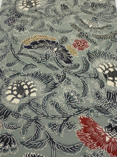Photo1: 4K03z70  Japanese Kimono Silk  FABRIC Flower Blue-Gray 52.4x13.8 (1)