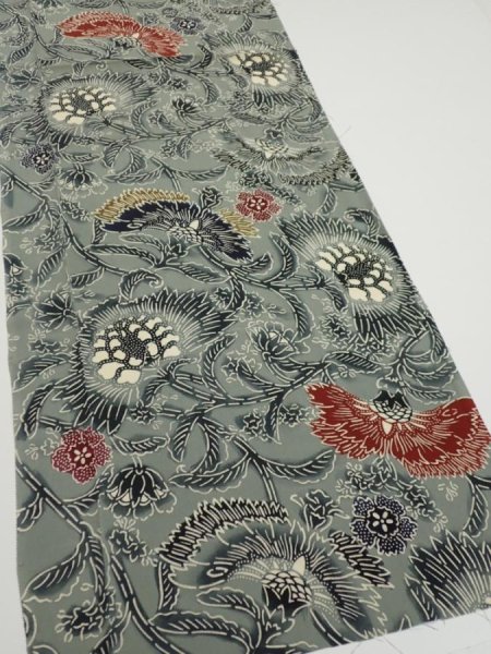 Photo2: 4K03z70  Japanese Kimono Silk  FABRIC Flower Blue-Gray 52.4x13.8 (2)