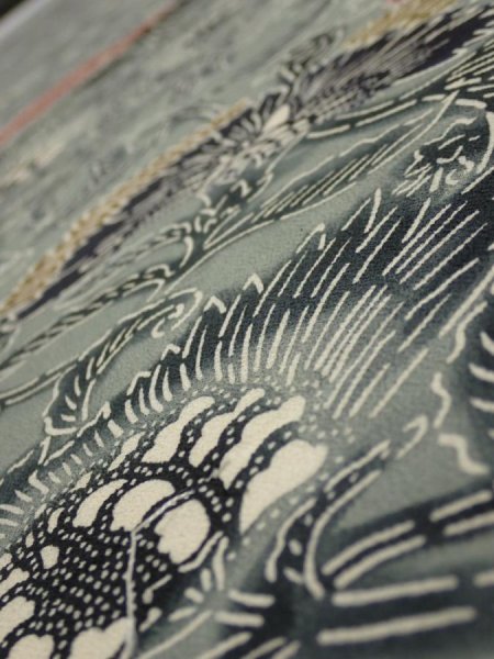 Photo4: 4K03z70  Japanese Kimono Silk  FABRIC Flower Blue-Gray 52.4x13.8 (4)