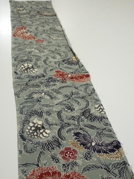 Photo3: 4K05z50  Japanese Kimono Silk  FABRIC Flower Blue-Gray 55.1x9.8 (3)