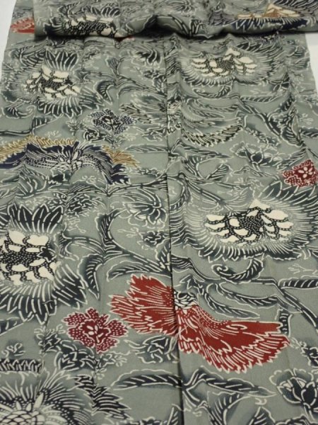 Photo2: 4K07z110  Japanese Kimono Silk  FABRIC Flower Blue-Gray 78.7x13.6 (2)