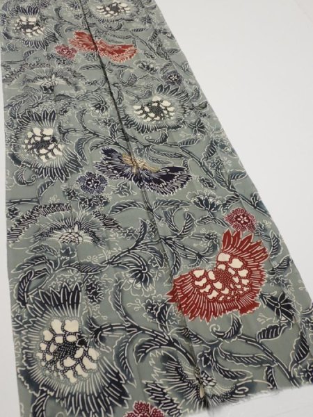 Photo3: 4K07z110  Japanese Kimono Silk  FABRIC Flower Blue-Gray 78.7x13.6 (3)