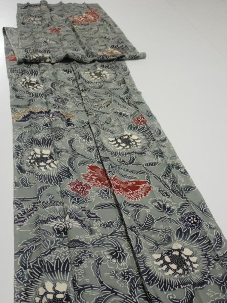Photo4: 4K07z110  Japanese Kimono Silk  FABRIC Flower Blue-Gray 78.7x13.6 (4)