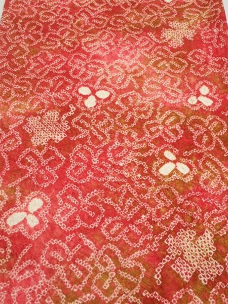 Photo1: 4K01z40  Japanese Kimono Silk SHIBORI FABRIC Flower Red-Pink 44.5x14.4 (1)