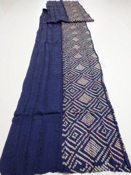 Photo1: 4K07z100  Japanese Kimono Silk SHIBORI FABRIC  Dark navy 92.9x14.8 (1)