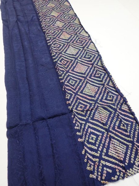 Photo3: 4K07z100  Japanese Kimono Silk SHIBORI FABRIC  Dark navy 92.9x14.8 (3)