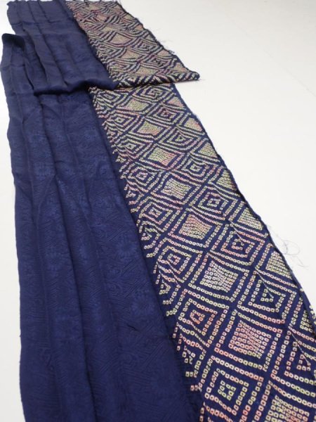 Photo4: 4K07z100  Japanese Kimono Silk SHIBORI FABRIC  Dark navy 92.9x14.8 (4)