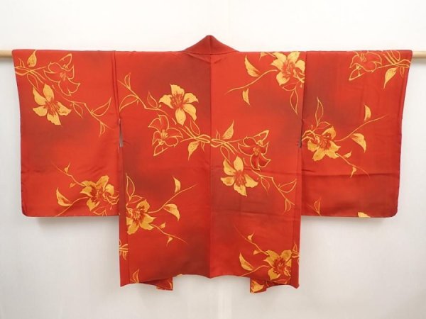 Photo1: 6903T03z520 Vintage Japanese Kimono Silk HAORI Lily Orange-Red (1)