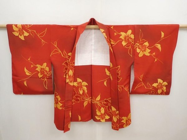 Photo5: 6903T03z520 Vintage Japanese Kimono Silk HAORI Lily Orange-Red (5)