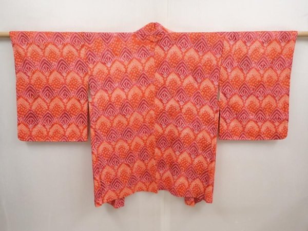 Photo1: 6903T04z480 Vintage Japanese Kimono Silk SHIBORI HAORI  Orange-Red (1)