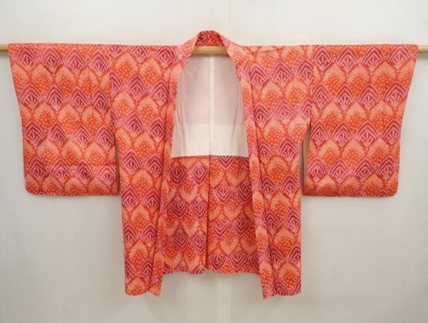 Photo5: 6903T04z480 Vintage Japanese Kimono Silk SHIBORI HAORI  Orange-Red (5)