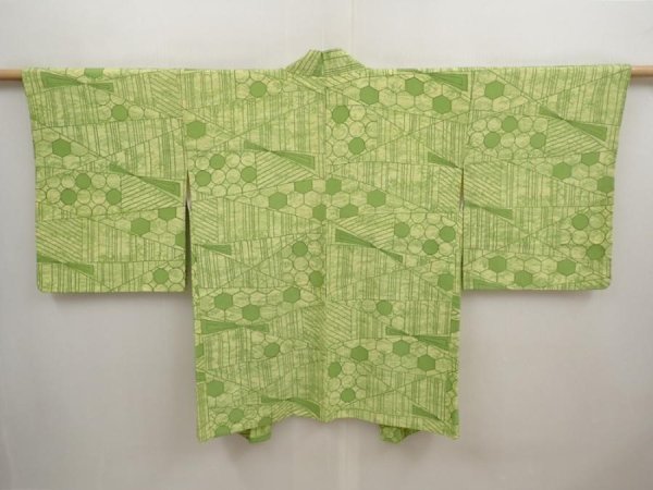 Photo1: 6903T05z560 Vintage Japanese Kimono Silk HAORI  Yellow green (1)