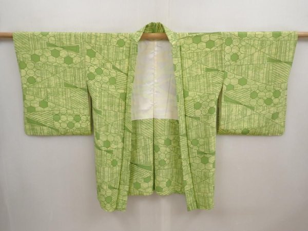 Photo5: 6903T05z560 Vintage Japanese Kimono Silk HAORI  Yellow green (5)