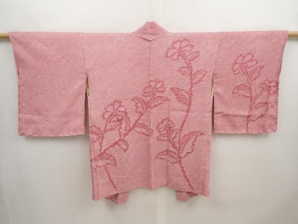 Photo1: 6903T06z460 Vintage Japanese Kimono Silk SHIBORI HAORI Flower Coral pink (1)