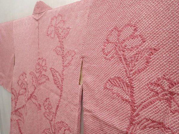 Photo2: 6903T06z460 Vintage Japanese Kimono Silk SHIBORI HAORI Flower Coral pink (2)