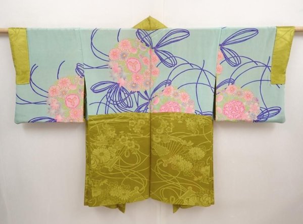 Photo1: 6903T07z500 Vintage Japanese Kimono Silk HAORI Flowers Sulfur yellow (1)