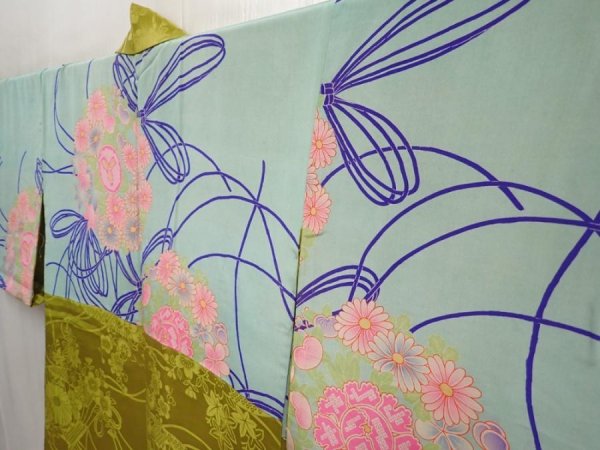 Photo2: 6903T07z500 Vintage Japanese Kimono Silk HAORI Flowers Sulfur yellow (2)