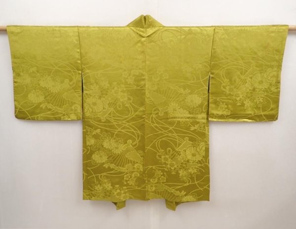 Photo3: 6903T07z500 Vintage Japanese Kimono Silk HAORI Flowers Sulfur yellow (3)