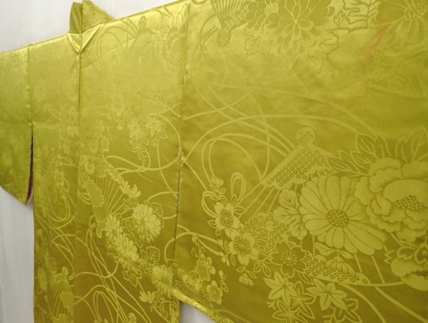 Photo4: 6903T07z500 Vintage Japanese Kimono Silk HAORI Flowers Sulfur yellow (4)
