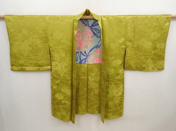 Photo5: 6903T07z500 Vintage Japanese Kimono Silk HAORI Flowers Sulfur yellow (5)